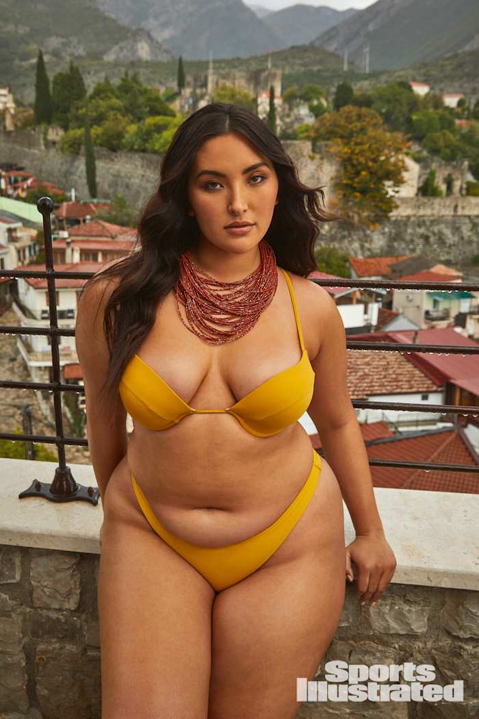 Yumi Nu was photographed by James Macari in Montenegro. Swimsuit by Matte Collection. Necklace by Free People.